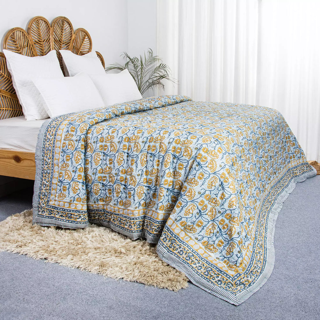 Multi Floral Reversible Hand Block Printed Cotton Jaipuri Razai
