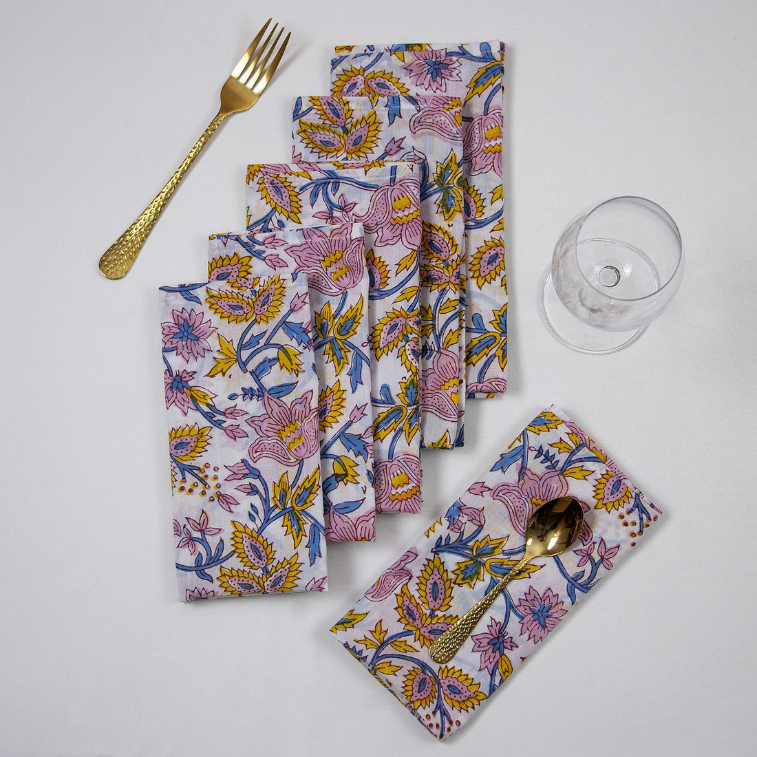 Multicolor Floral Indian Block Printed Cotton Dinner Napkins 