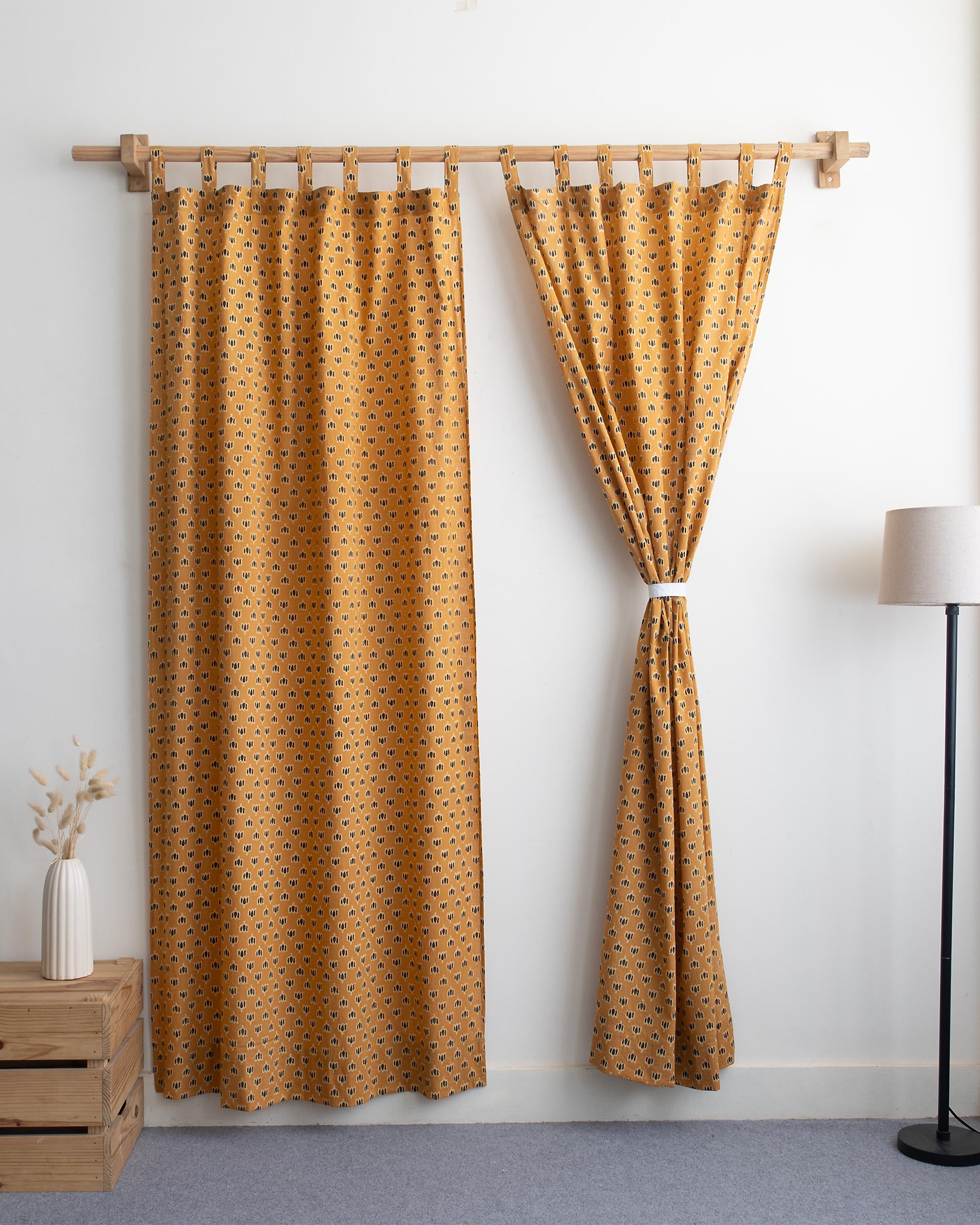 Mustard Yellow Block Printed Organic Curtains for Door
