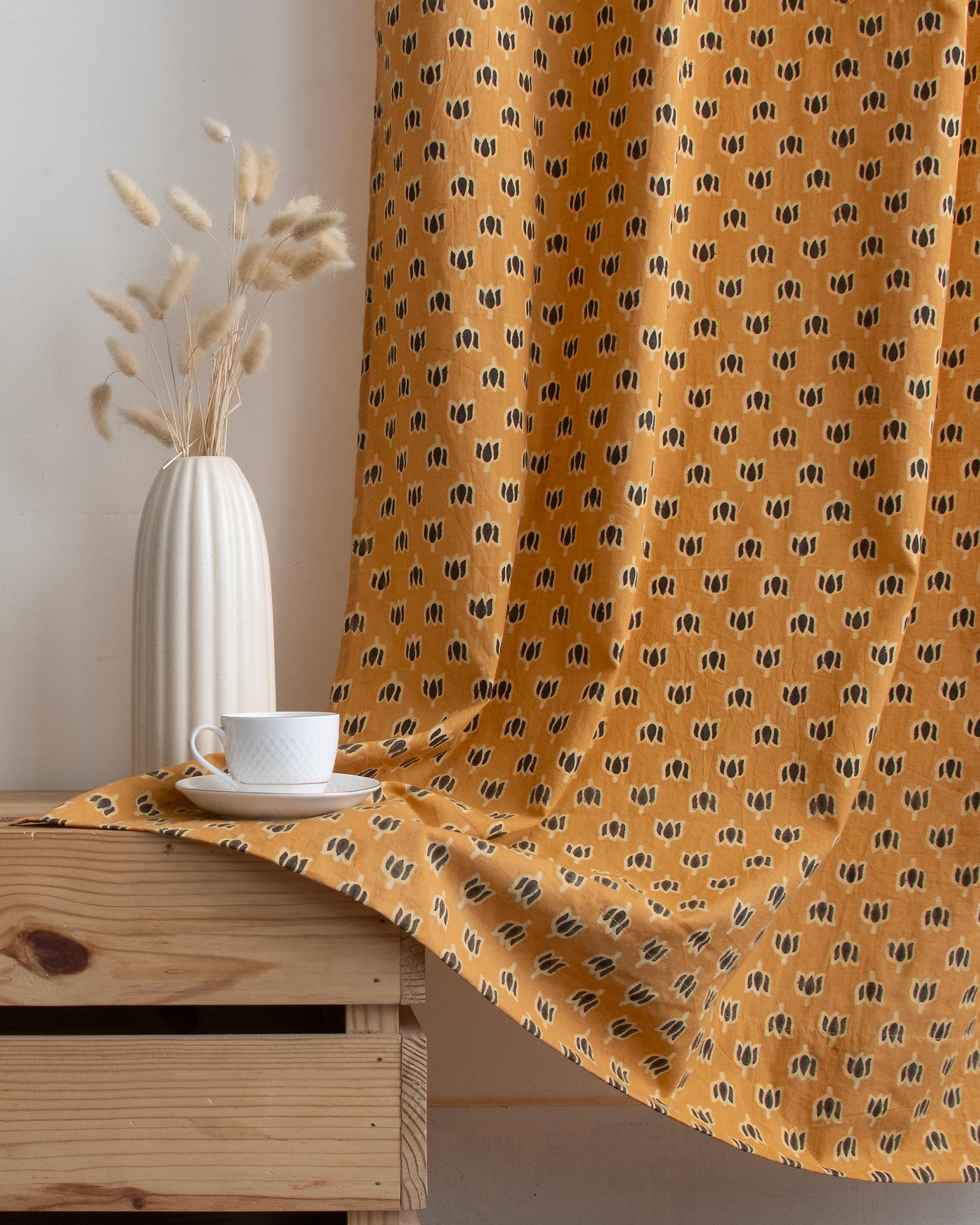 Mustard Yellow Block Printed Organic Curtains for Door