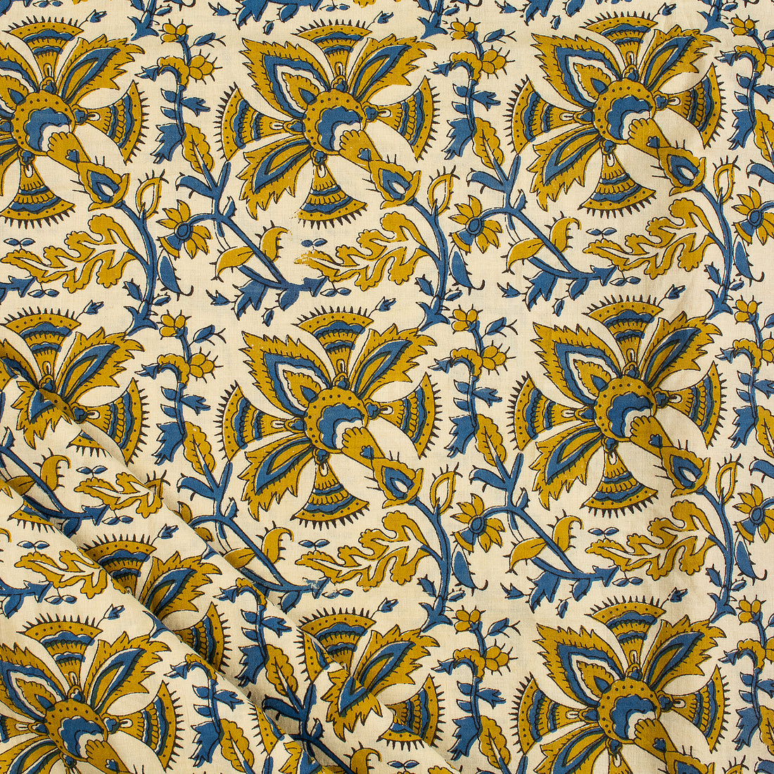 Mustard Yellow Hand Block Printed Soft Cotton Bagru Fabric