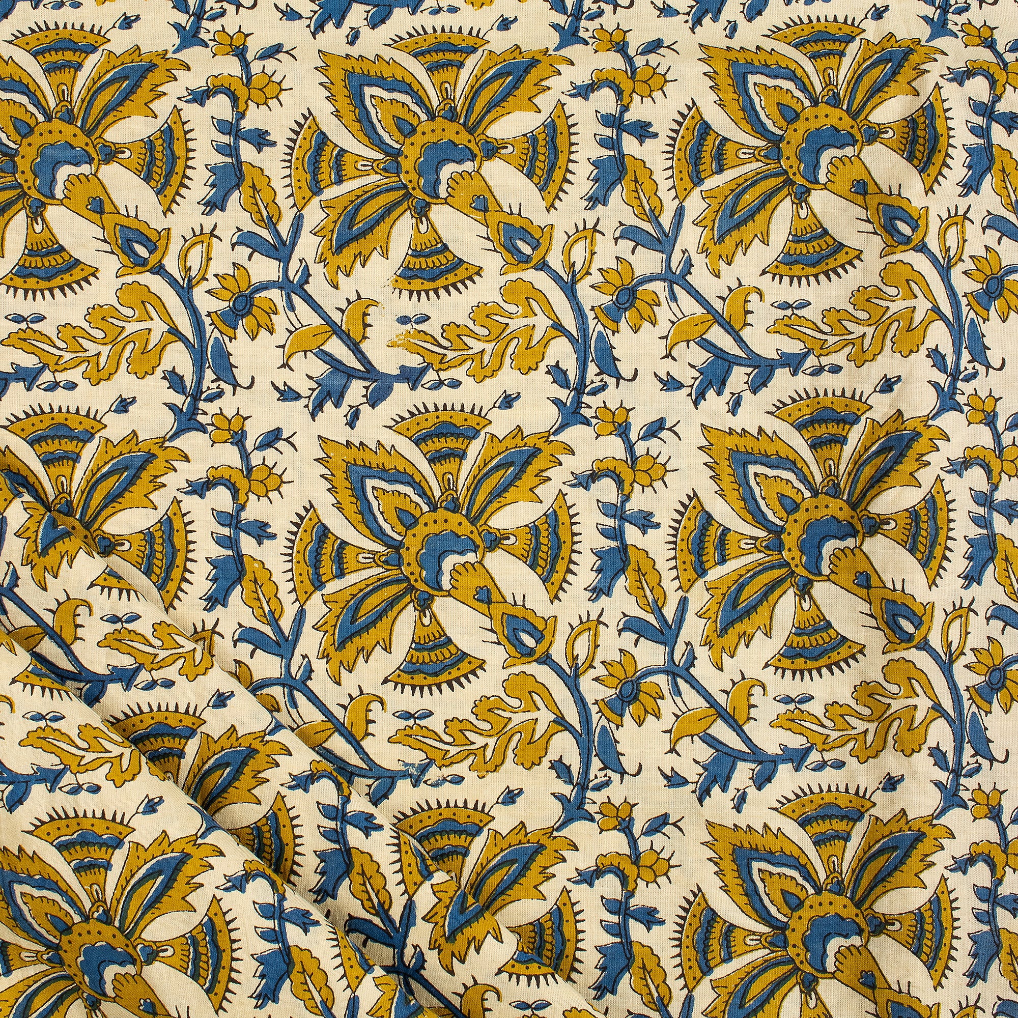 Mustard Yellow Hand Block Printed Soft Cotton Bagru Fabric