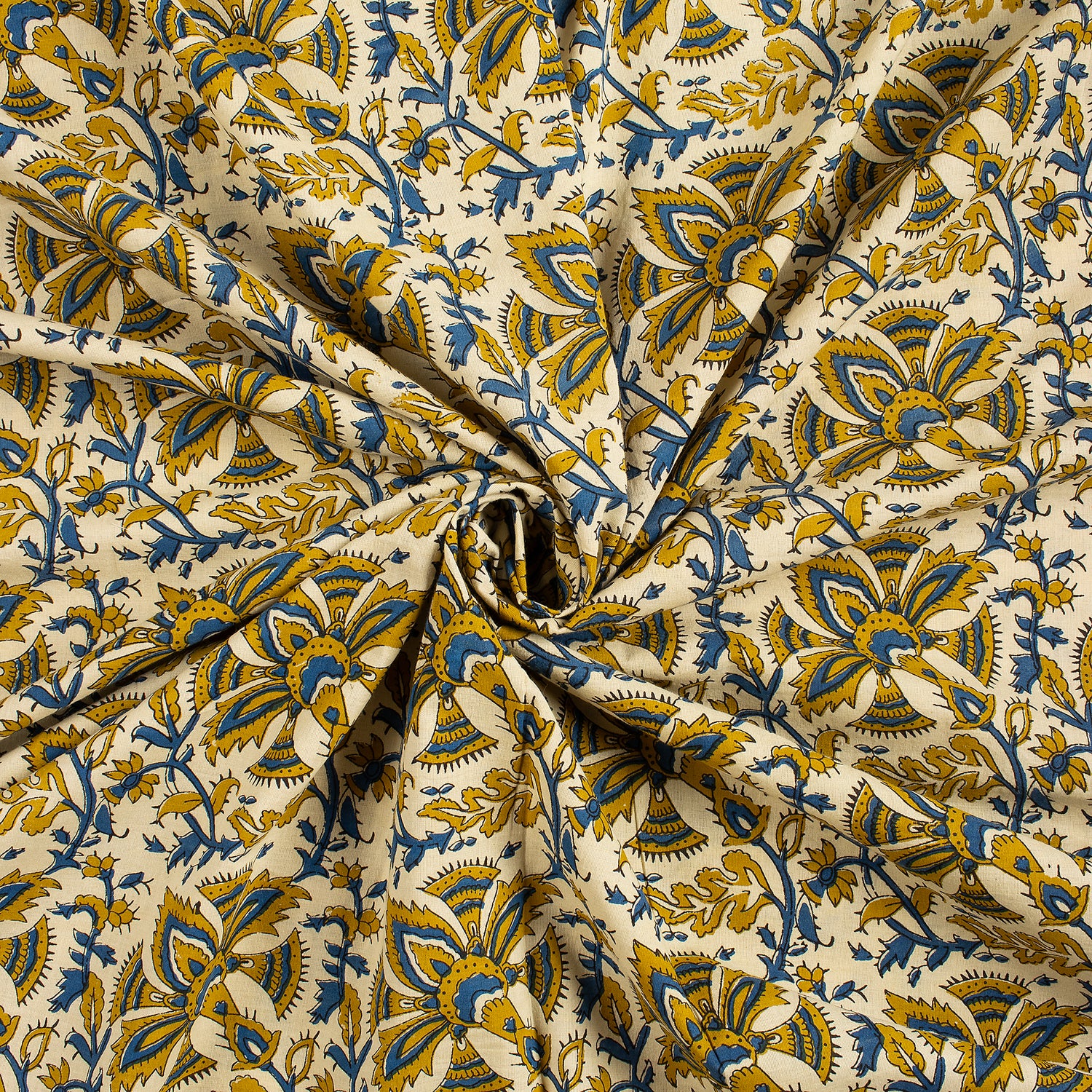 Mustard Yellow Hand Block Printed Soft Cotton Bagru Fabric