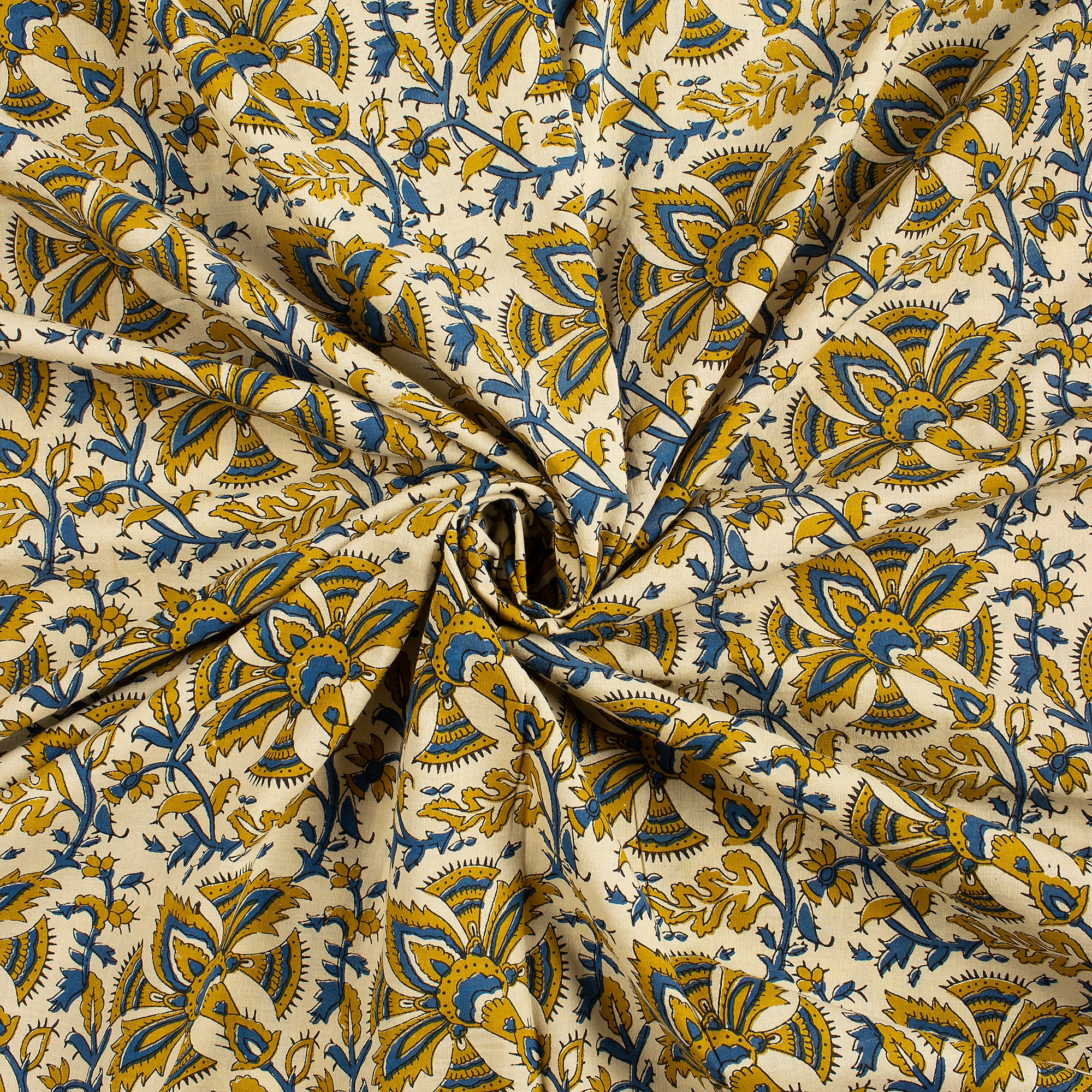Mustard Yellow Hand Block Printed Soft Cotton Bagru Fabric