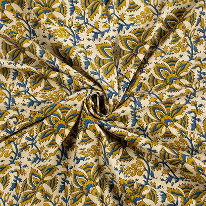 Mustard Yellow Hand Block Printed Soft Cotton Bagru Fabric