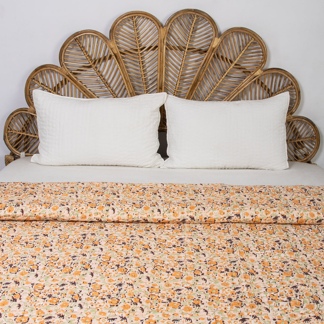 Natural Hand Block Printed Orange Floral Kanhta Quilt Blanket