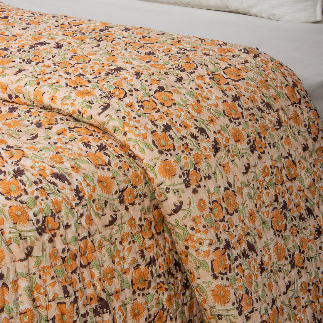 Natural Hand Block Printed Orange Floral Kanhta Quilt Blanket