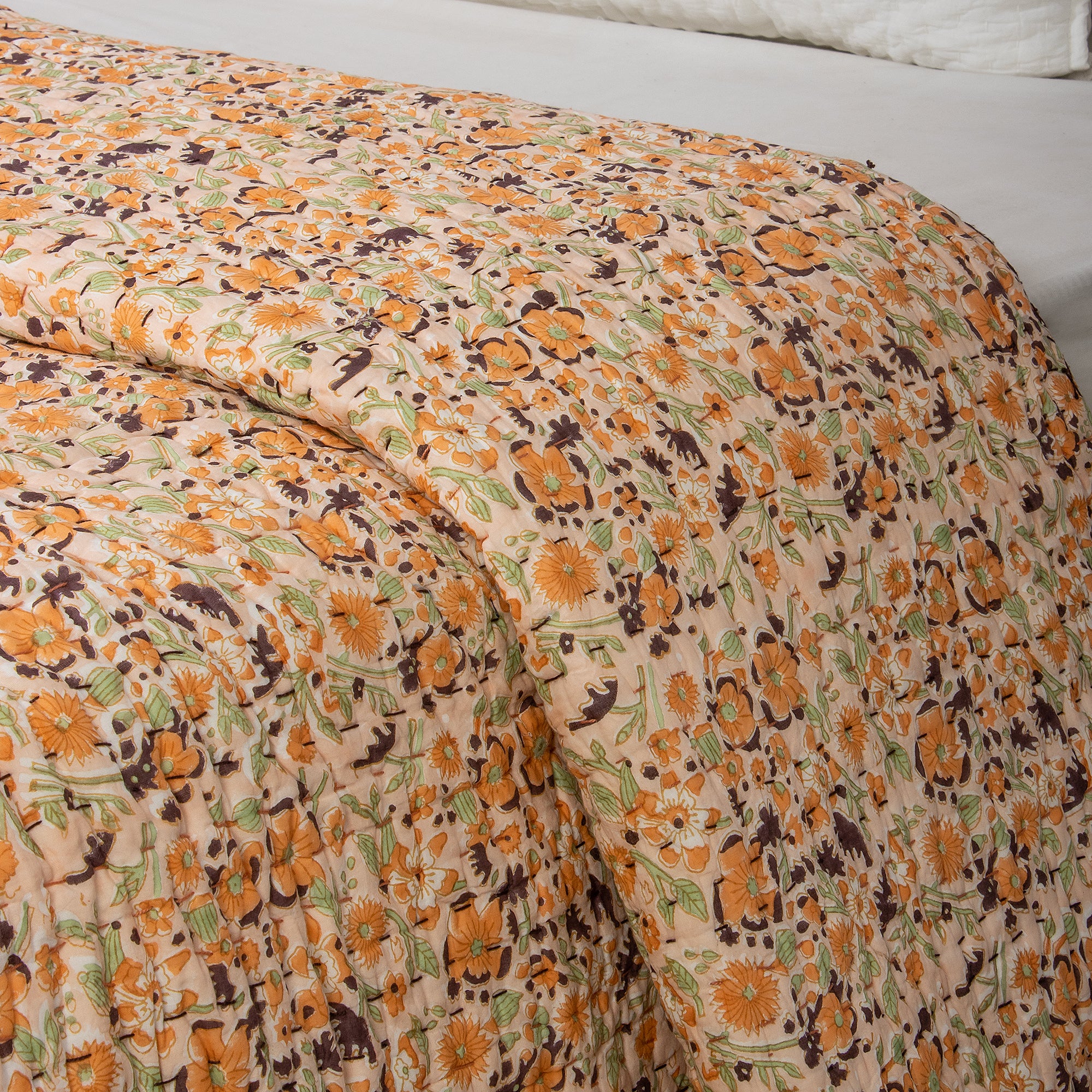 Natural Hand Block Printed Orange Floral Kanhta Quilt Blanket