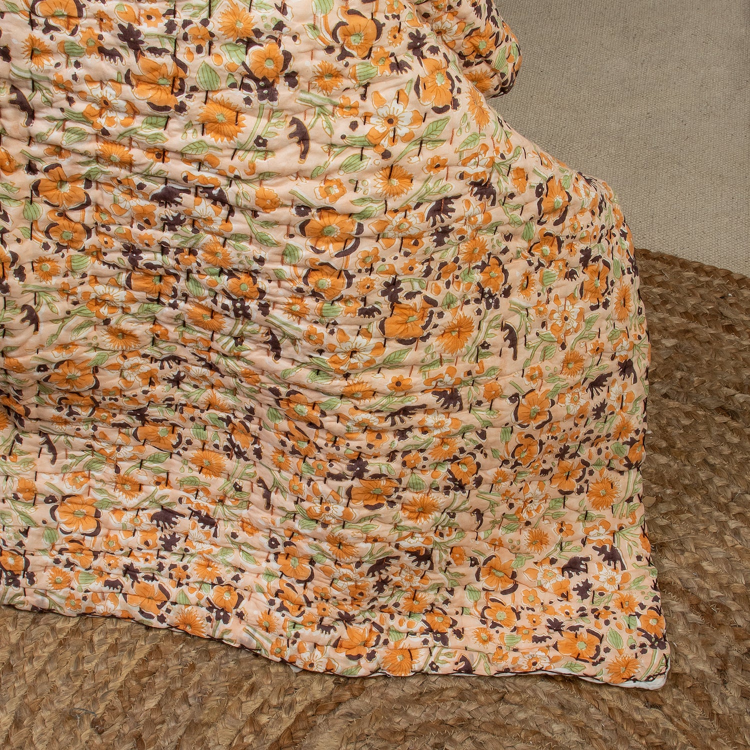 Natural Hand Block Printed Orange Floral Kanhta Quilt Blanket