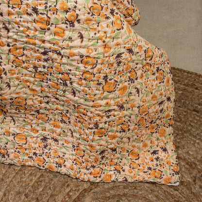 Natural Hand Block Printed Orange Floral Kanhta Quilt Blanket