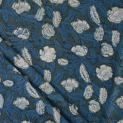 Indigo Blue Floral Printed Organic Cotton Fabric