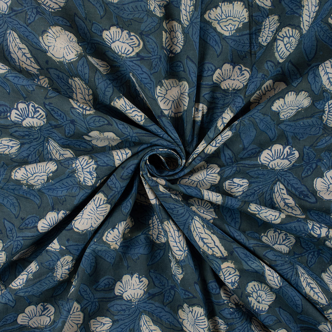 Indigo Blue Floral Printed Organic Cotton Fabric 