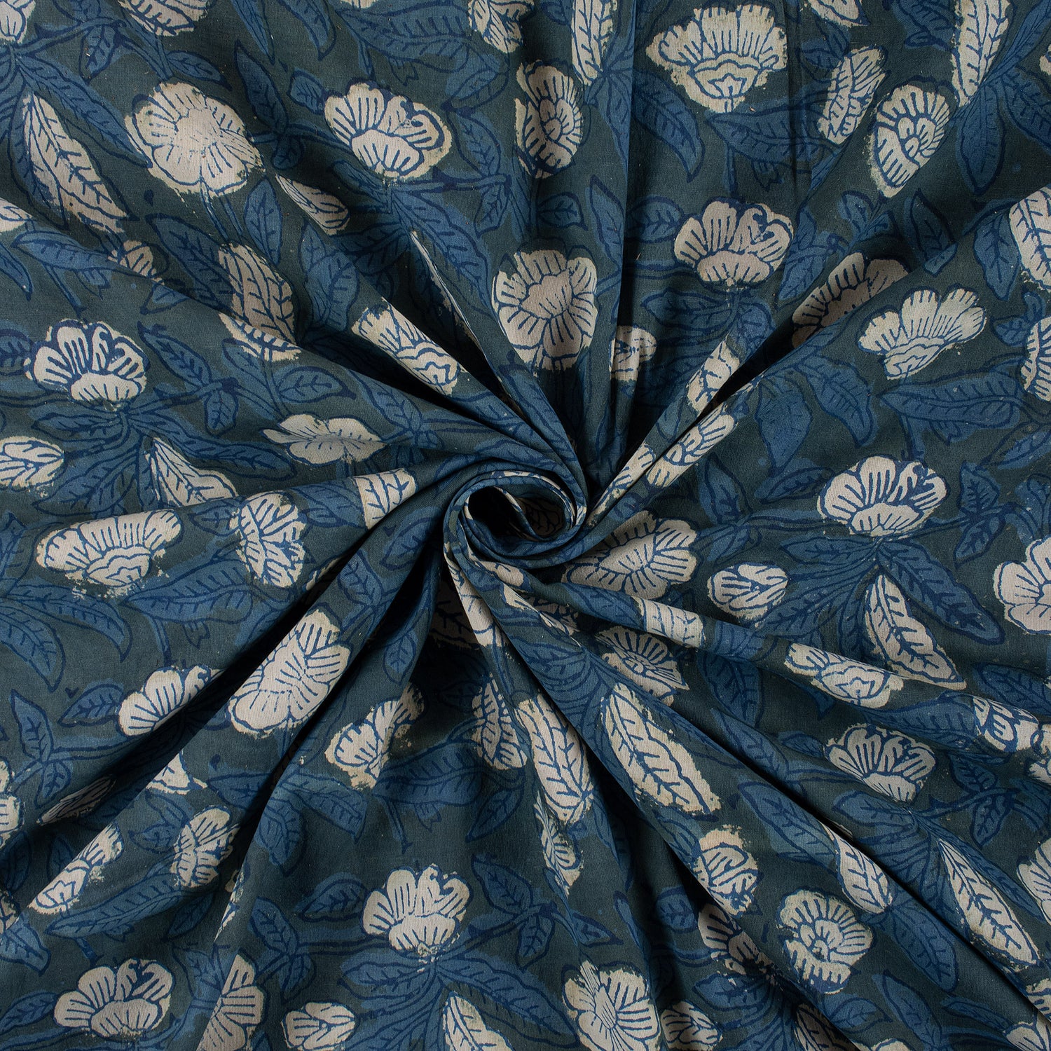 Indigo Blue Floral Printed Organic Cotton Fabric 