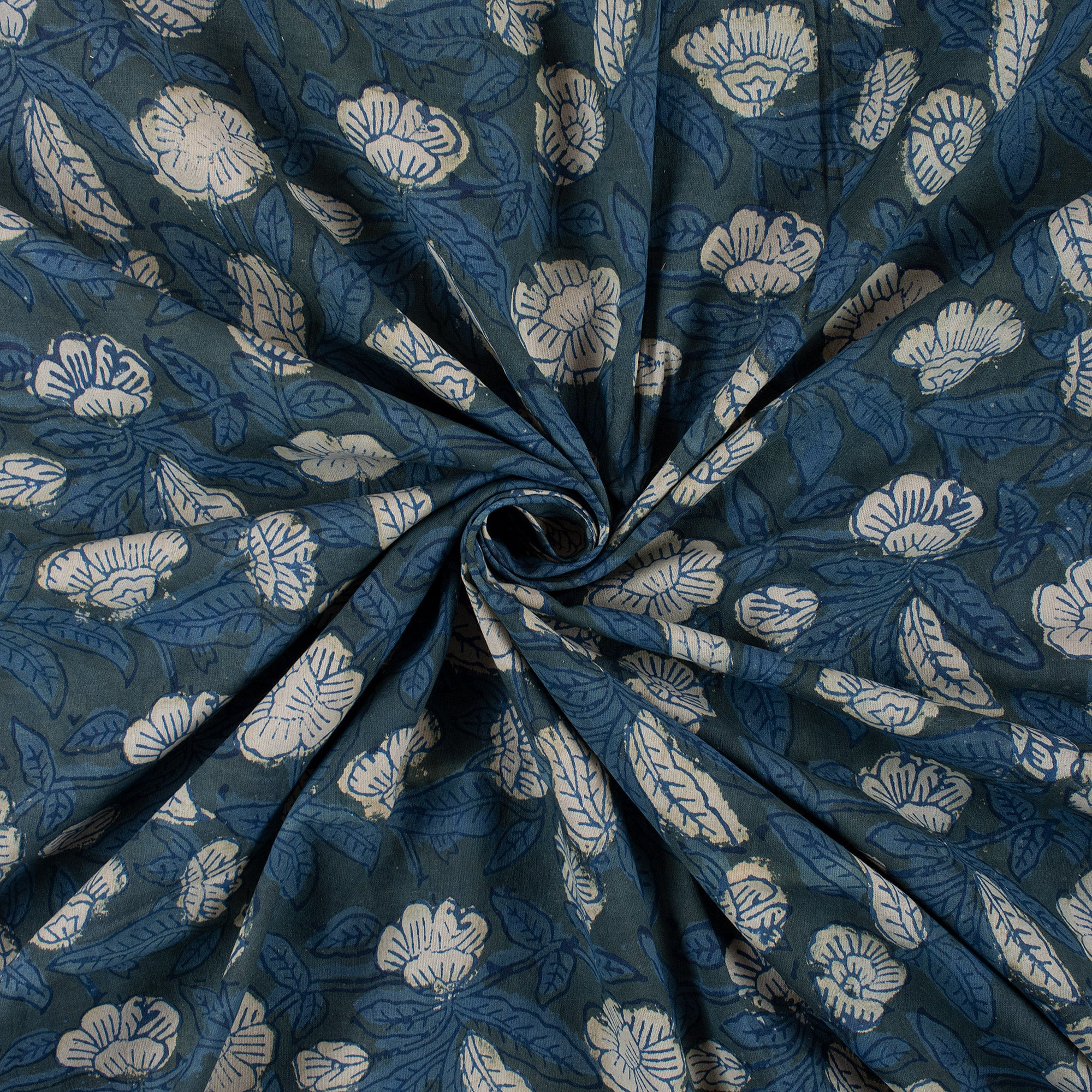 Indigo Blue Floral Printed Organic Cotton Fabric 