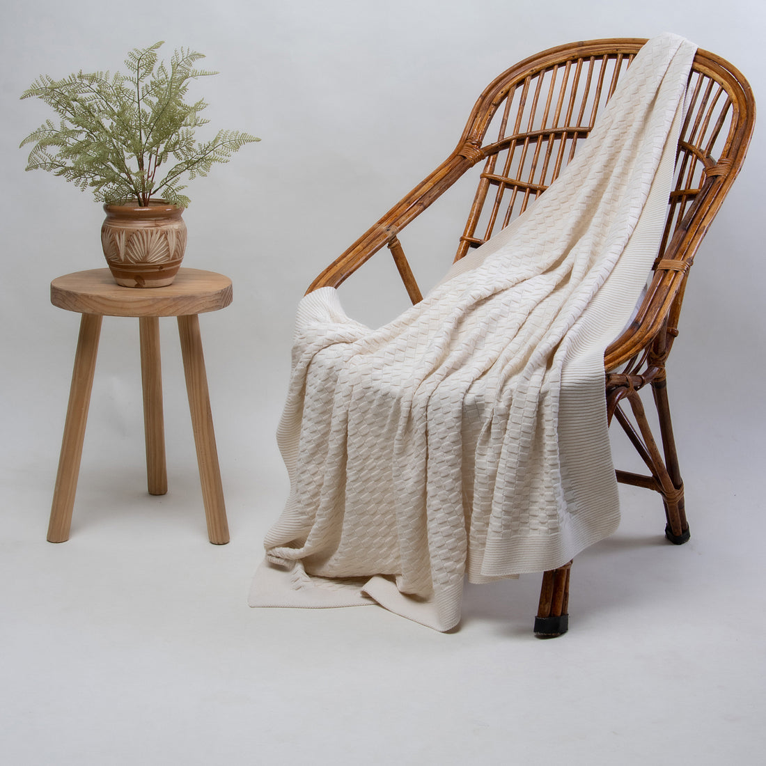 Off White Cotton Knitted Throw Blanket for Sofa