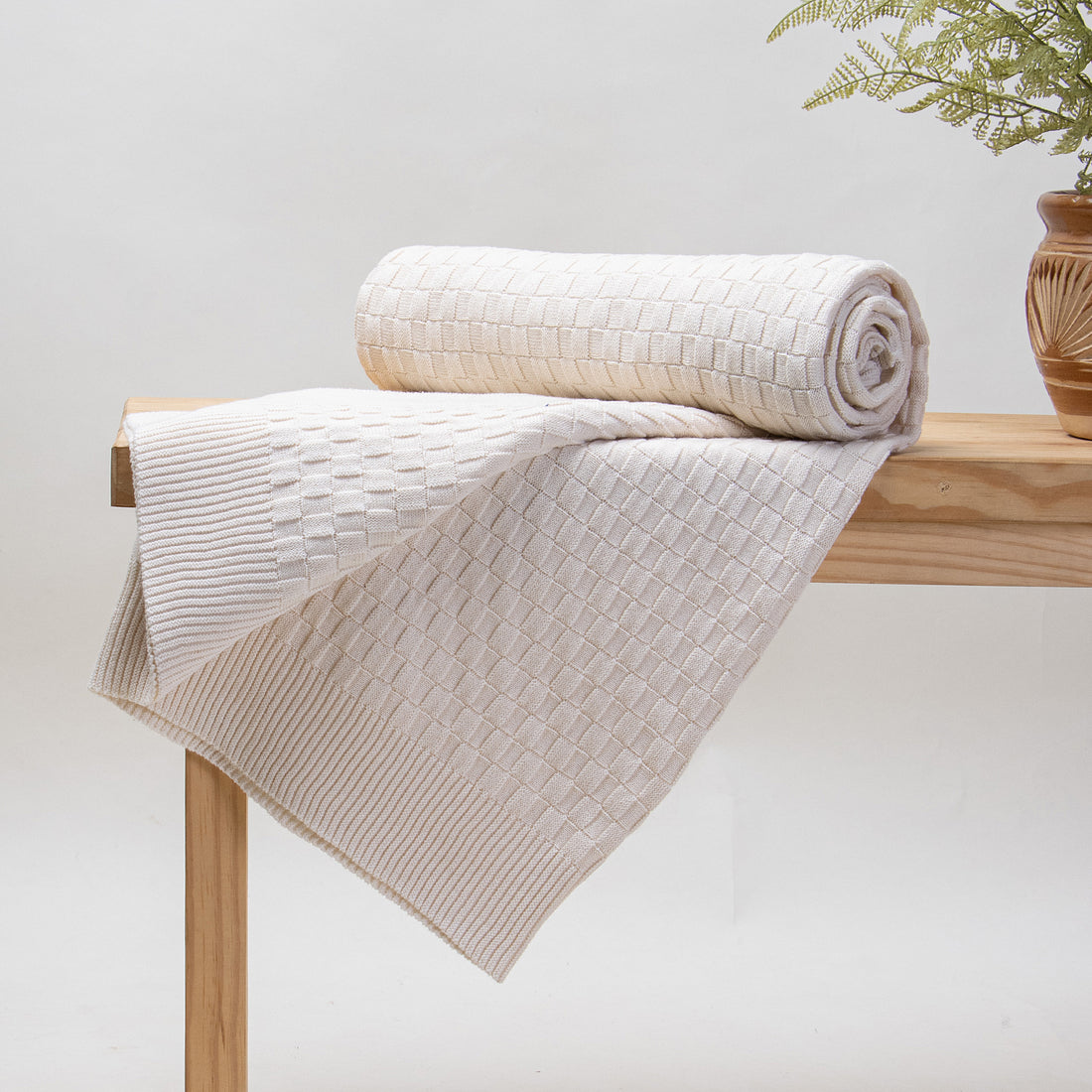Off White Cotton Knitted Throw Blanket for Sofa