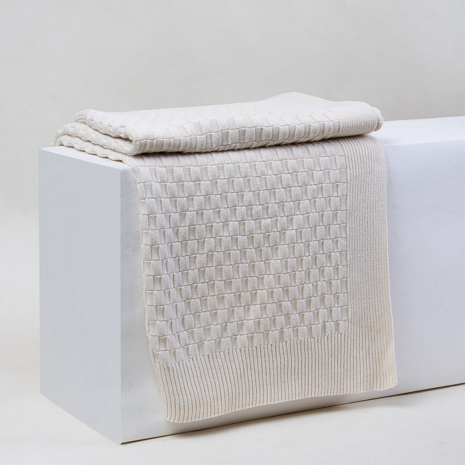 Off White Cotton Knitted Throw Blanket for Sofa