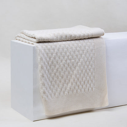 Off White Cotton Knitted Throw Blanket for Sofa