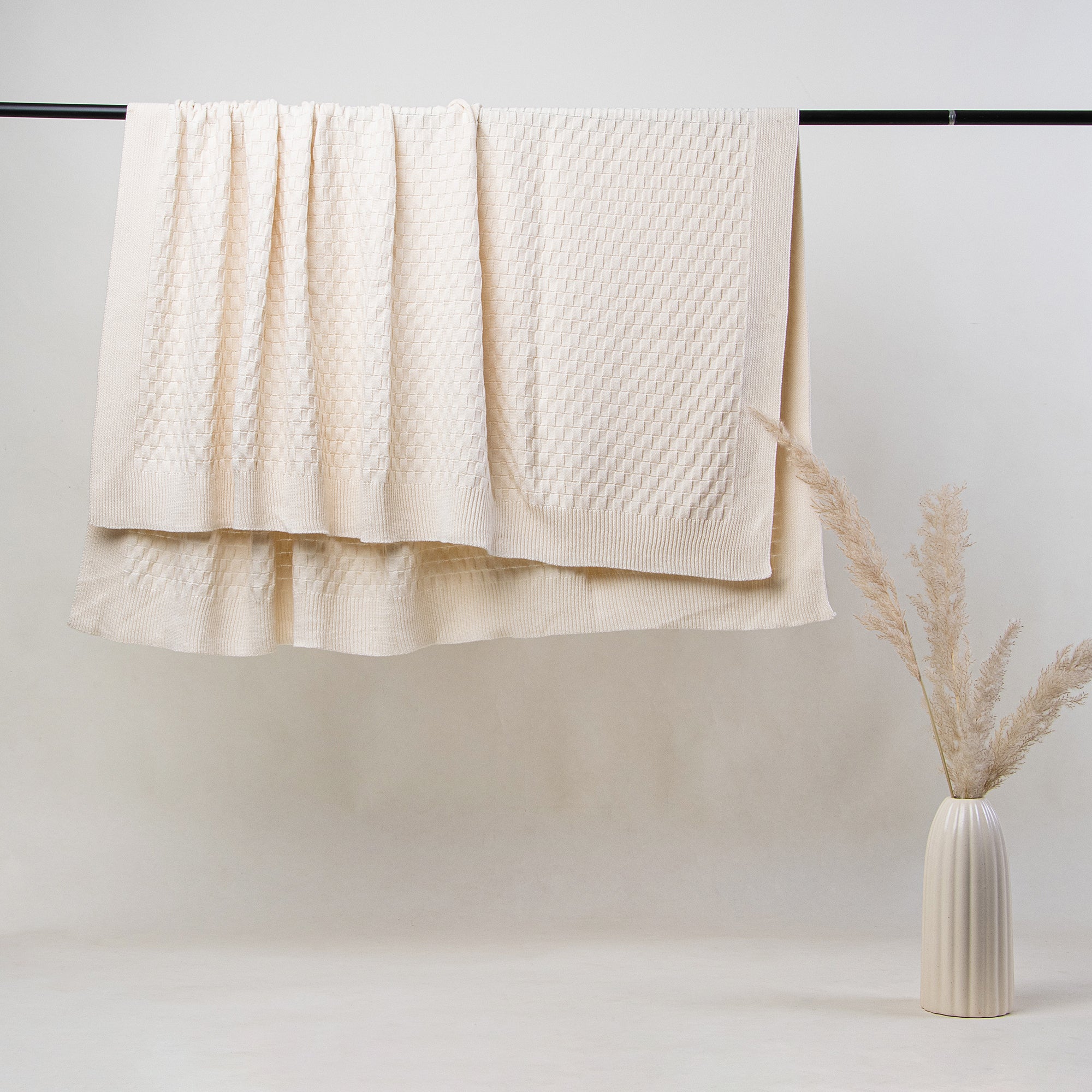 Off White Cotton Knitted Throw Blanket for Sofa