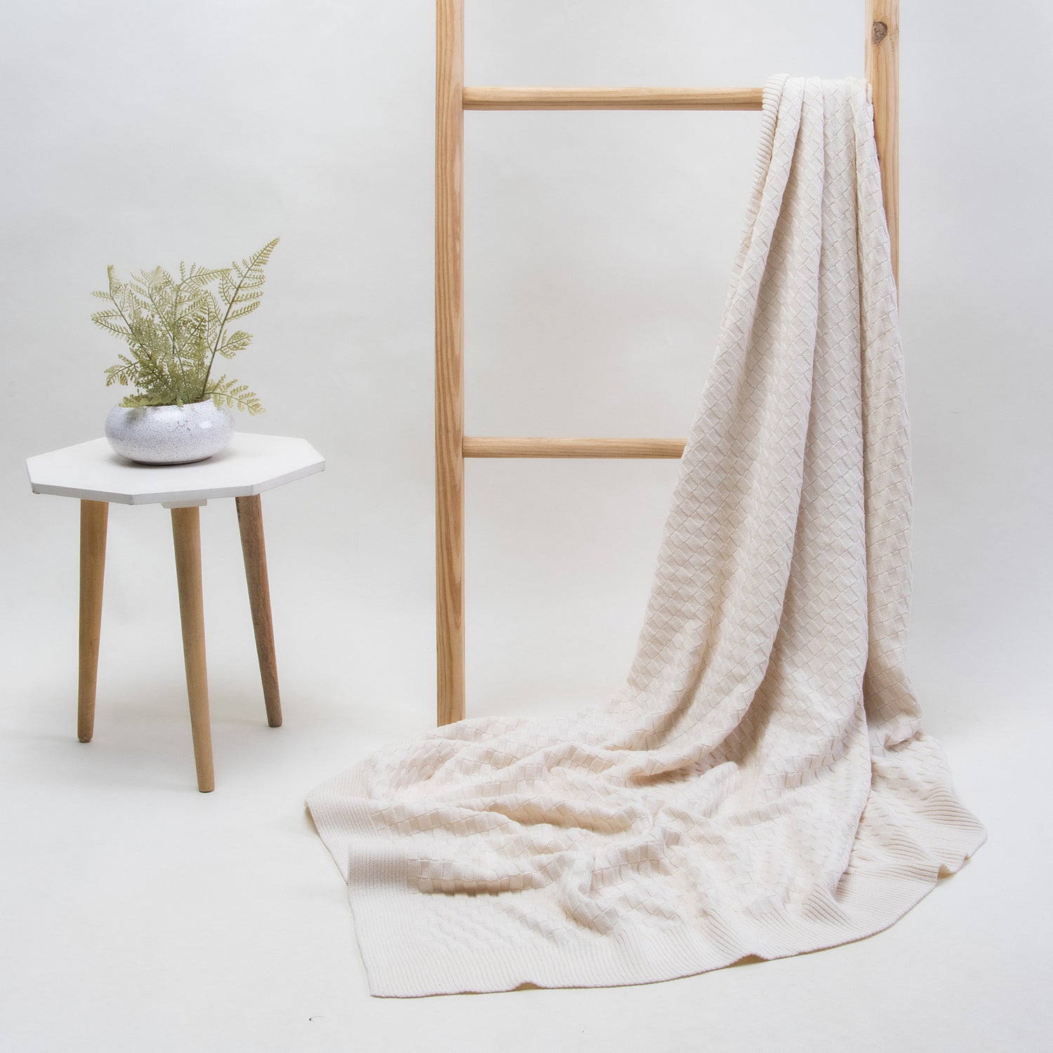 Off White Cotton Knitted Throw Blanket for Sofa