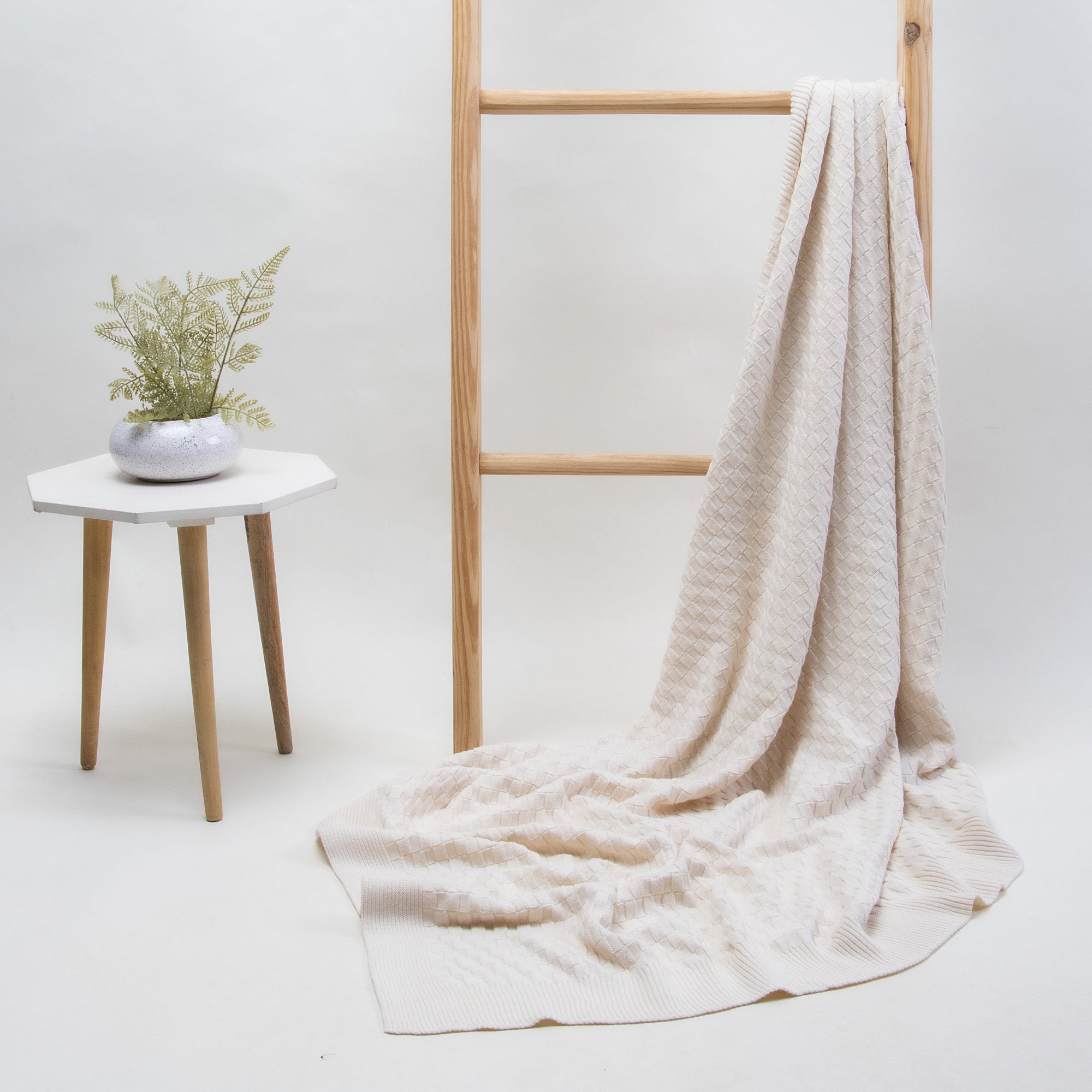 Off White Cotton Knitted Throw Blanket for Sofa