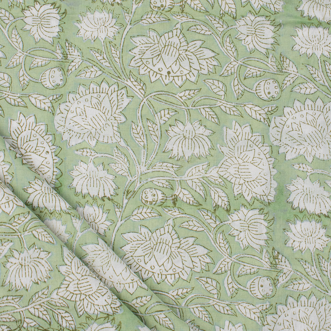 Olive Green Floral Block Printed Indian Fabric Online