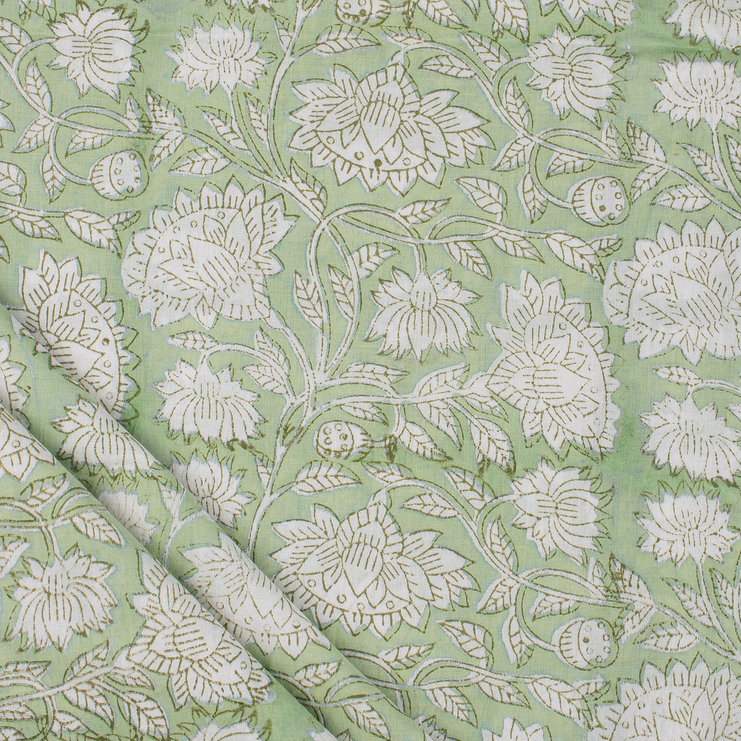 Olive Green Floral Block Printed Indian Fabric Online