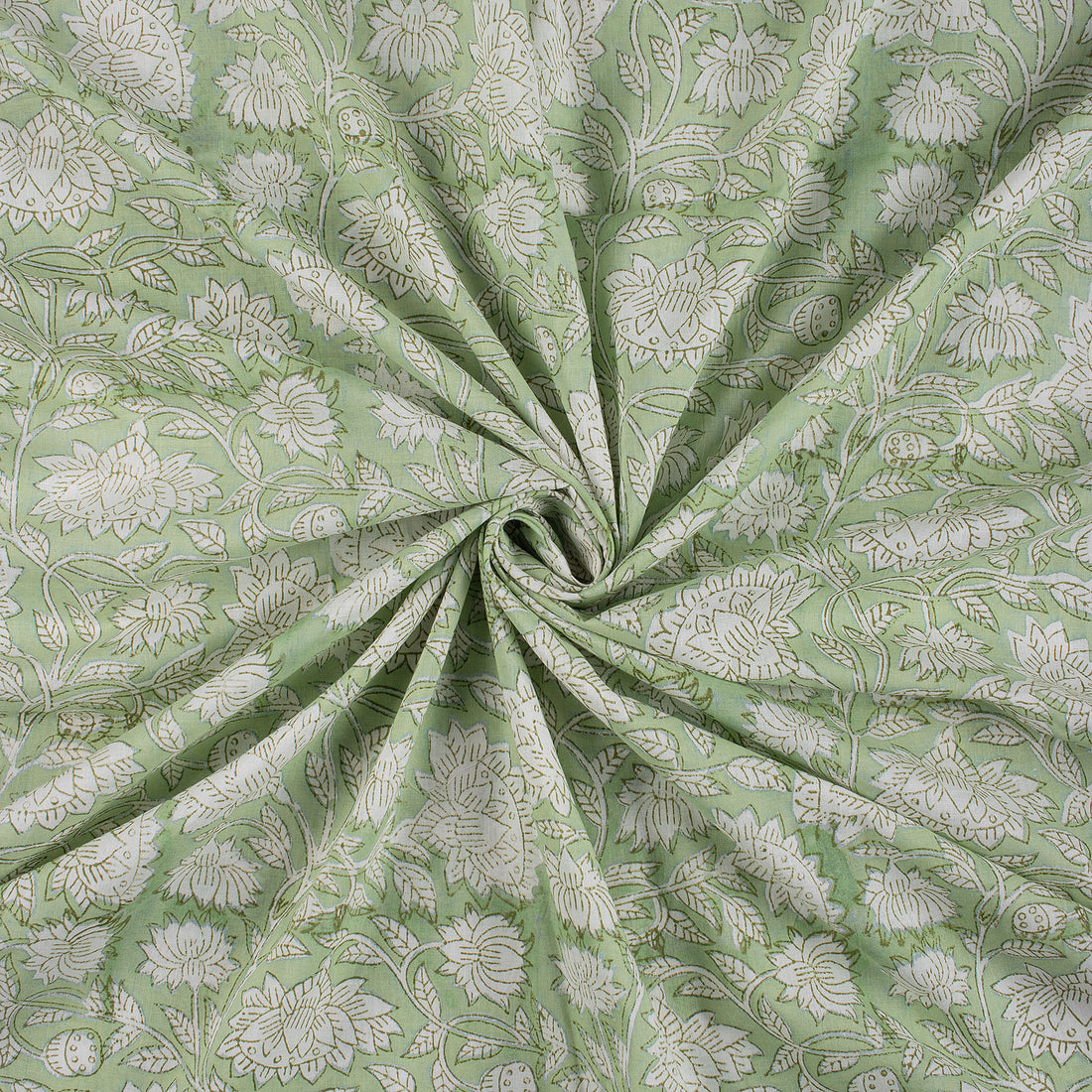 Olive Green Floral Block Printed Indian Fabric Online