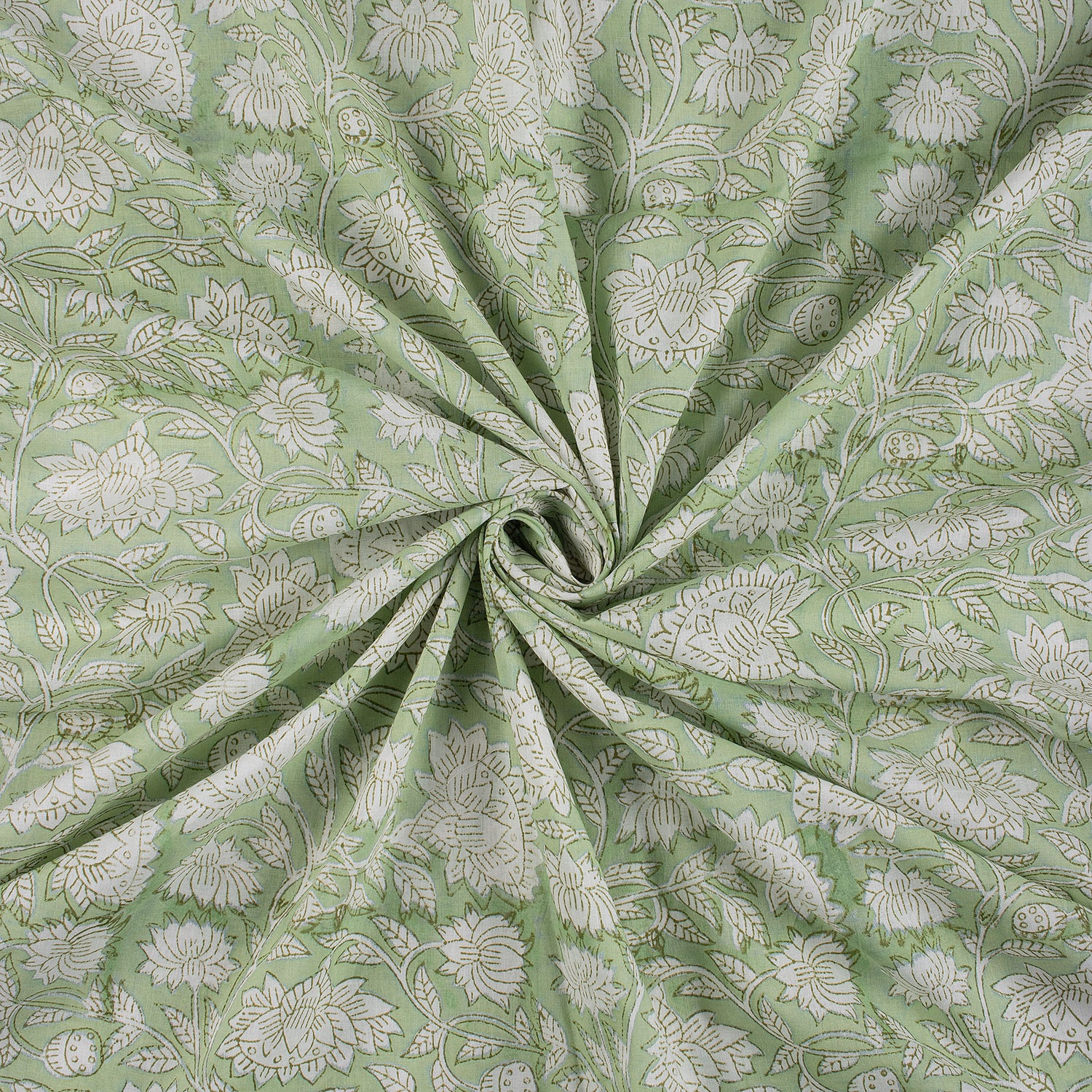 Olive Green Floral Block Printed Indian Fabric Online