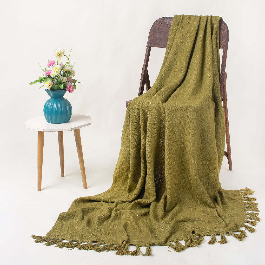 Olive Green Handcrafted Farmhouse Cotton Solid Throw