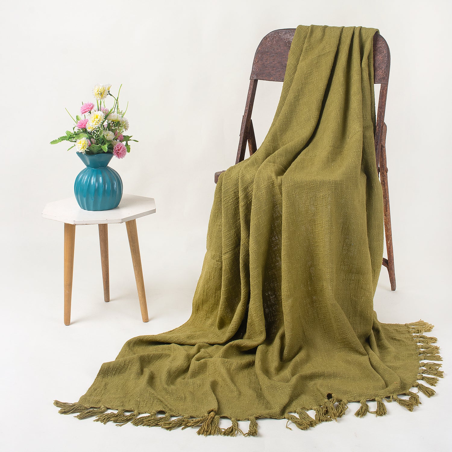 Olive Green Handcrafted Farmhouse Cotton Solid Throw