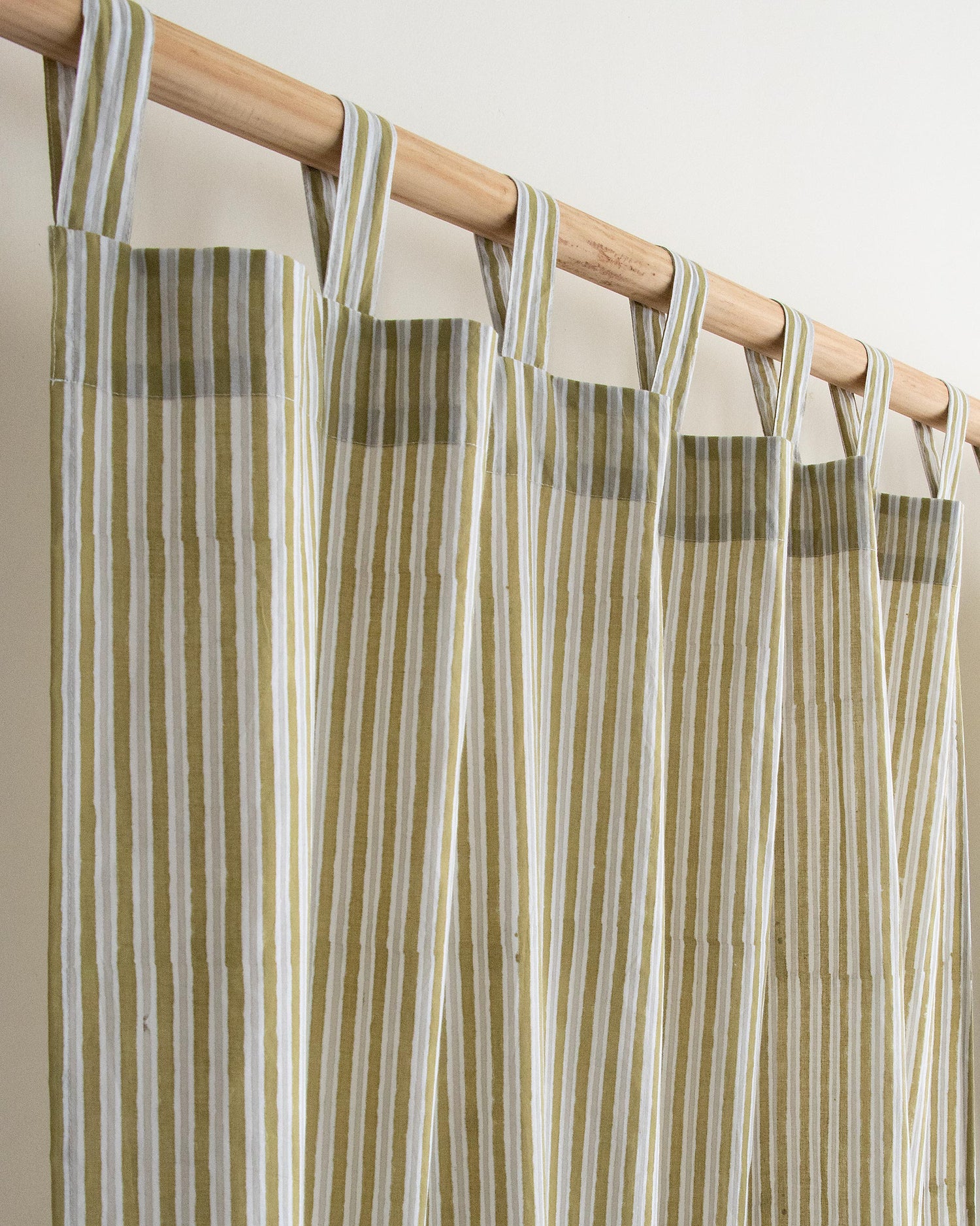 Olive Green Stirped Hand Block Print Curtains In India