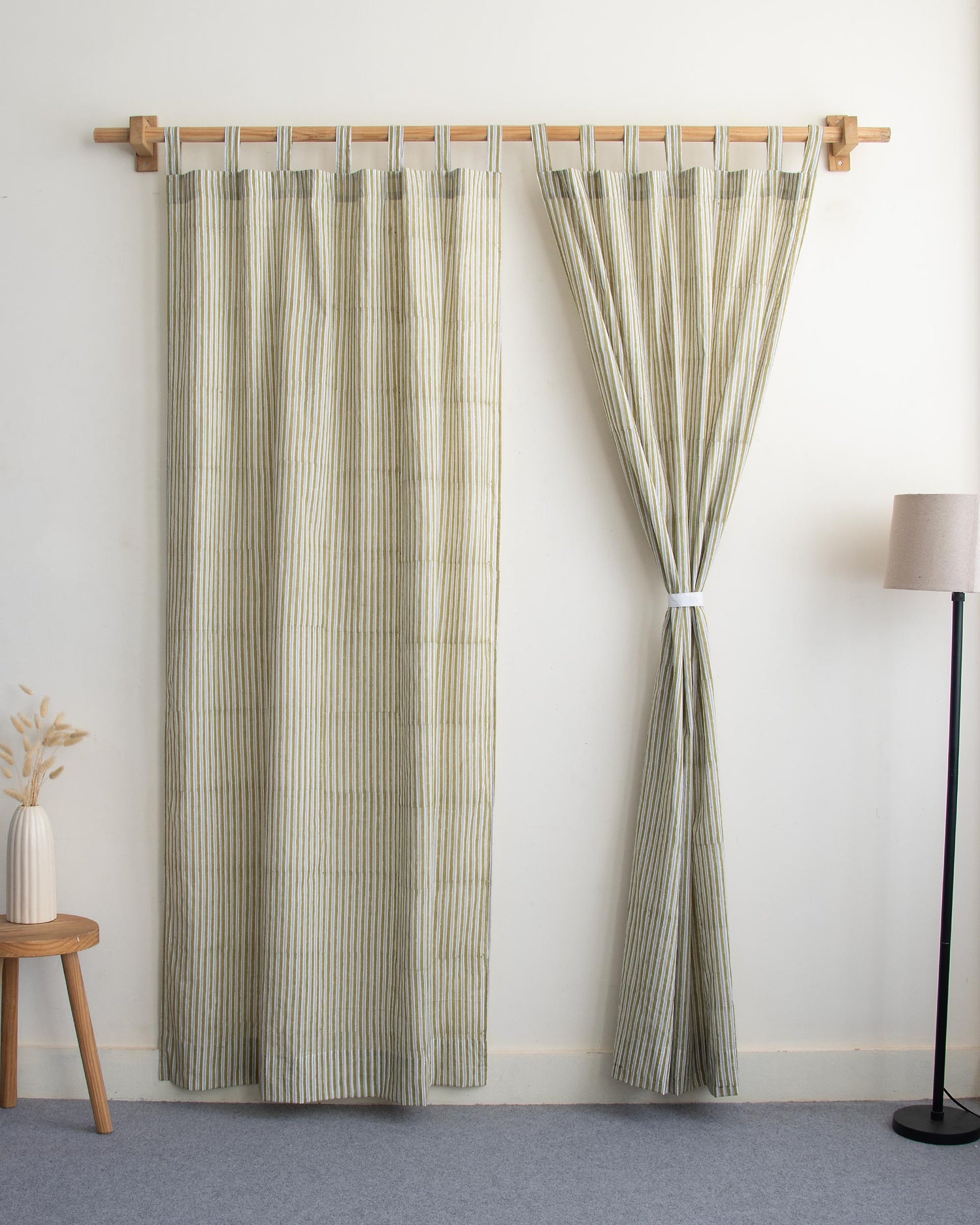 Olive Green Stirped Hand Block Print Curtains In India