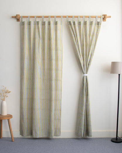 Olive Green Stirped Hand Block Print Curtains In India