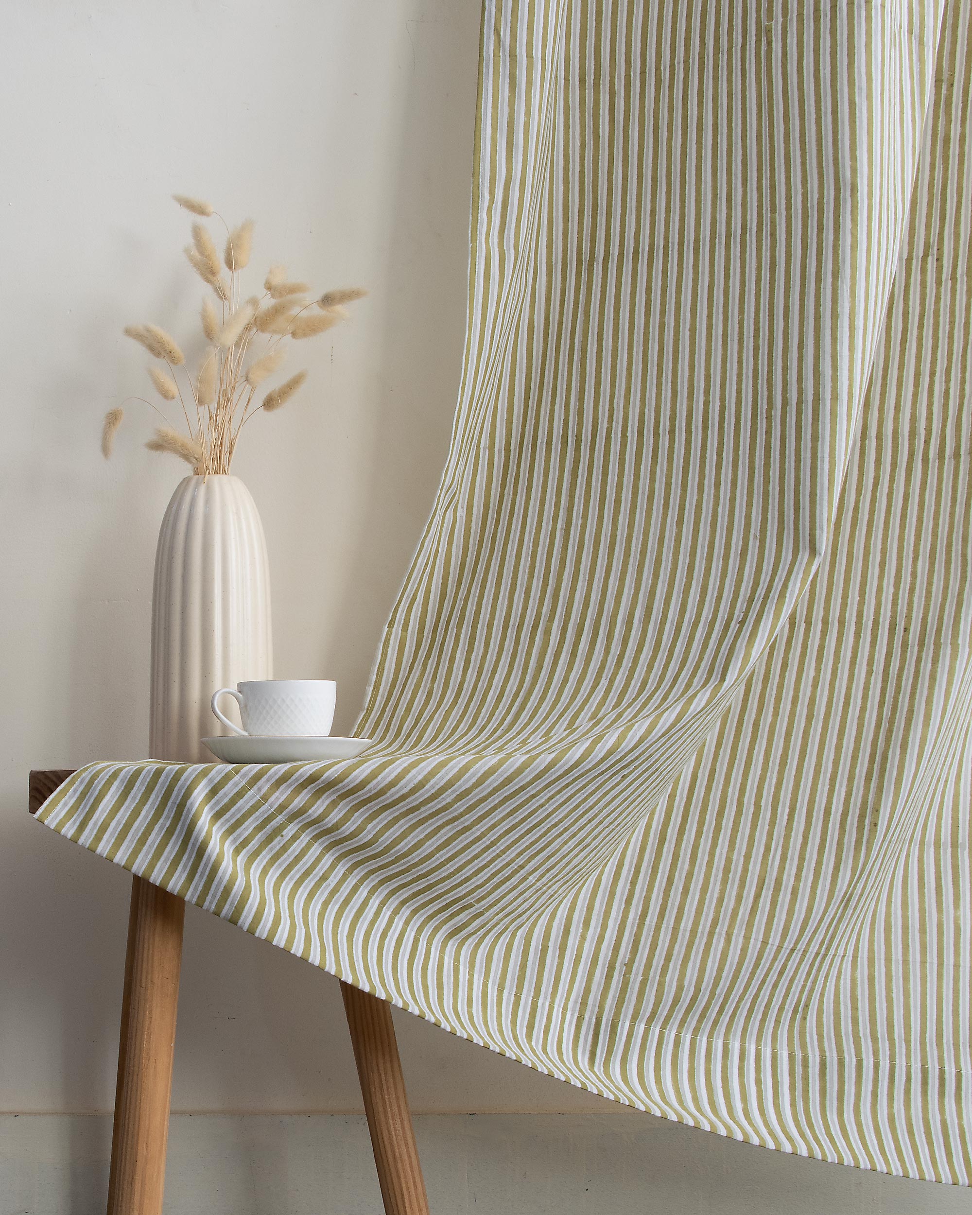 Olive Green Stirped Hand Block Print Curtains In India