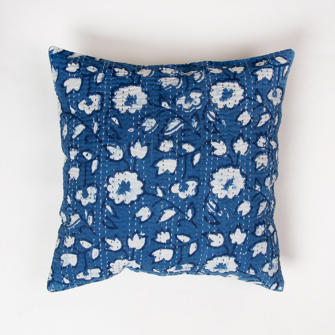 Online Modern Blue Floral Cotton Kantha Indigo Cushion Cover