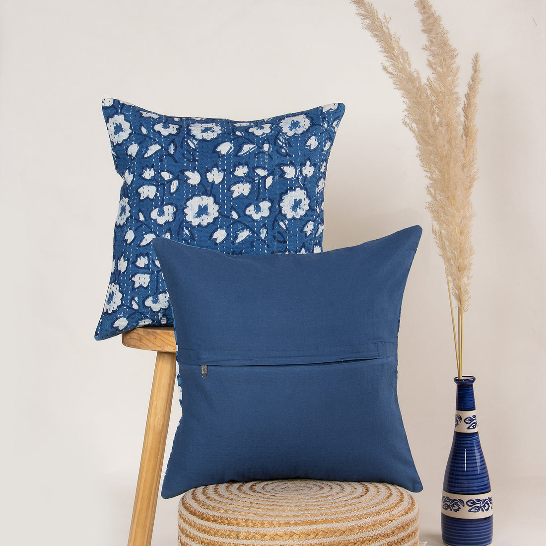Online Modern Blue Floral Cotton Kantha Indigo Cushion Cover