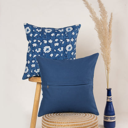Online Modern Blue Floral Cotton Kantha Indigo Cushion Cover