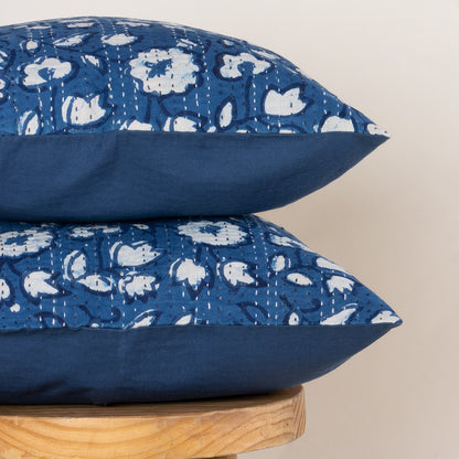 Online Modern Blue Floral Cotton Kantha Indigo Cushion Cover