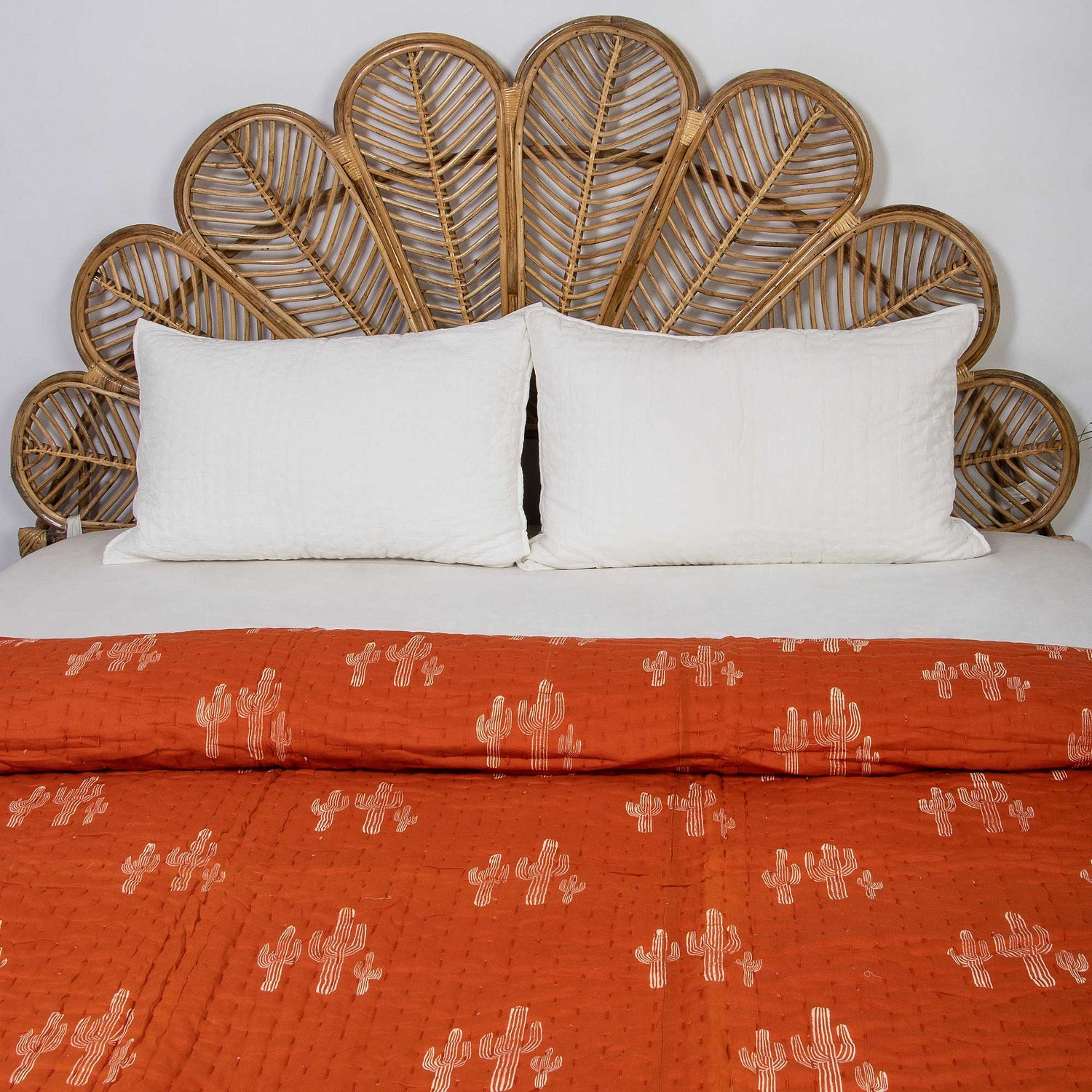Orange Cactus Hand Block Print Kantha Quilt Blanket