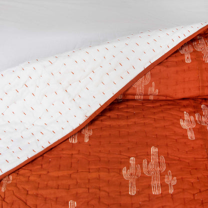Orange Cactus Hand Block Print Kantha Quilt Blanket