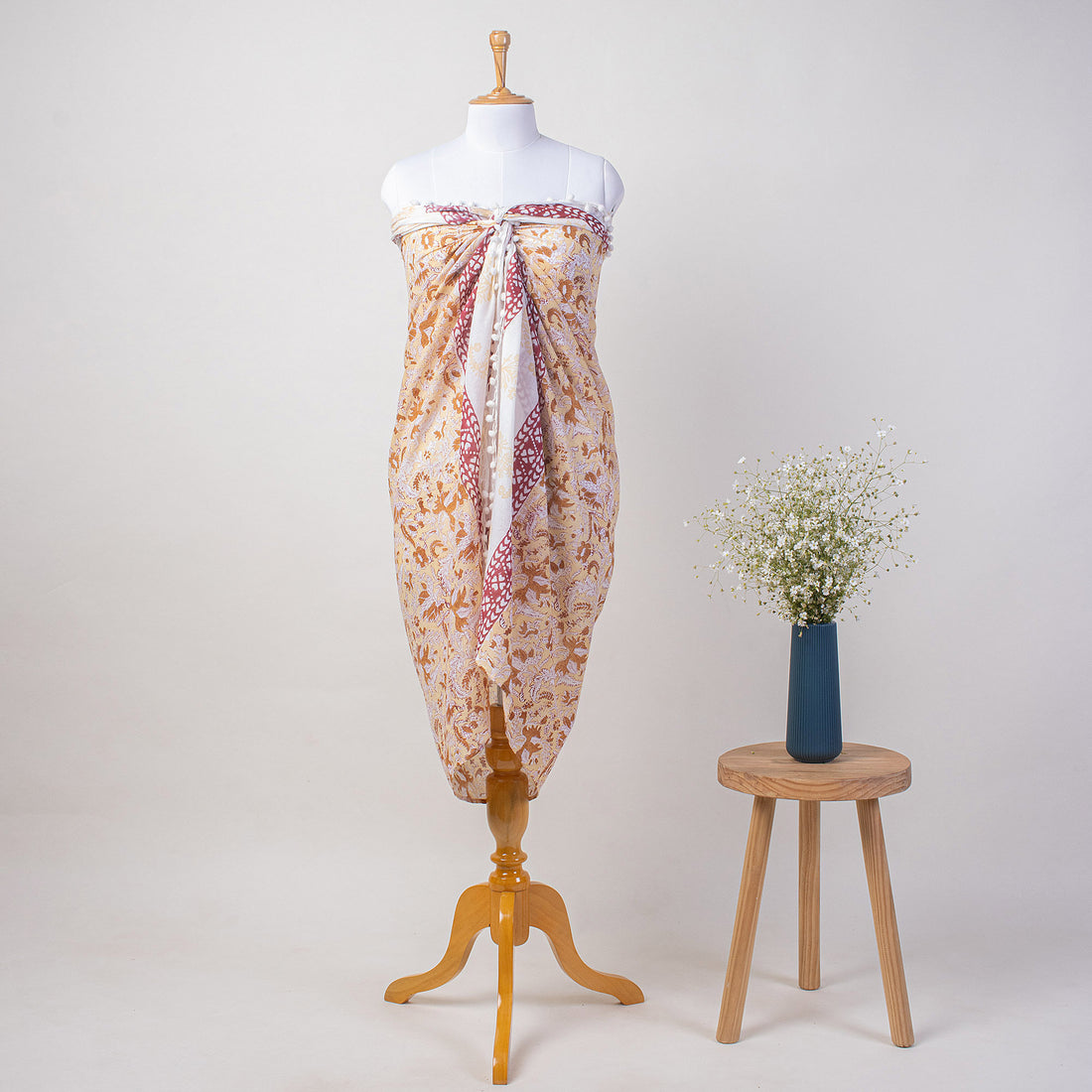 Orange Floral Hand Block Print Beach Sarong Wrap For Women
