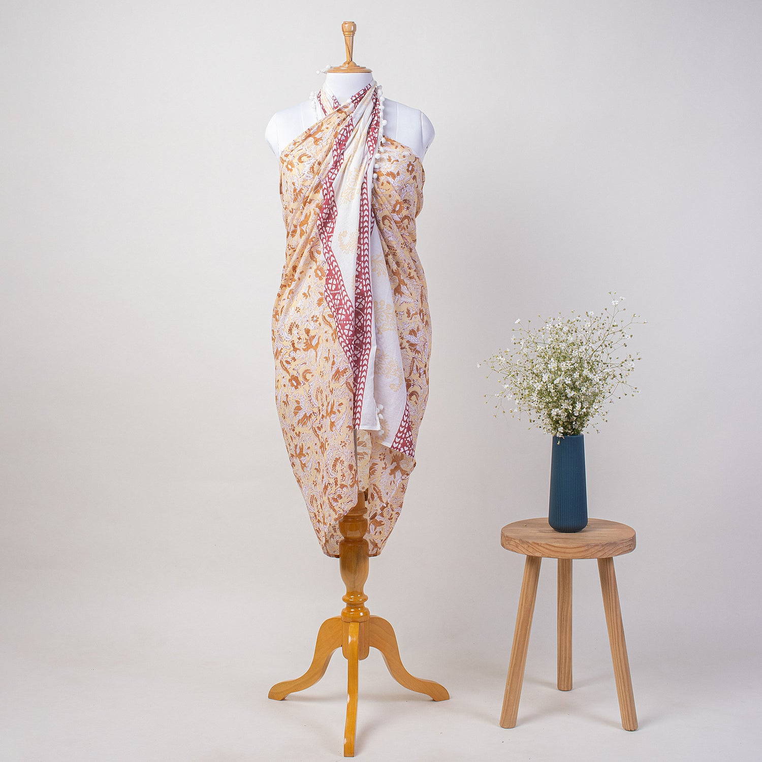 Orange Floral Hand Block Print Beach Sarong Wrap For Women