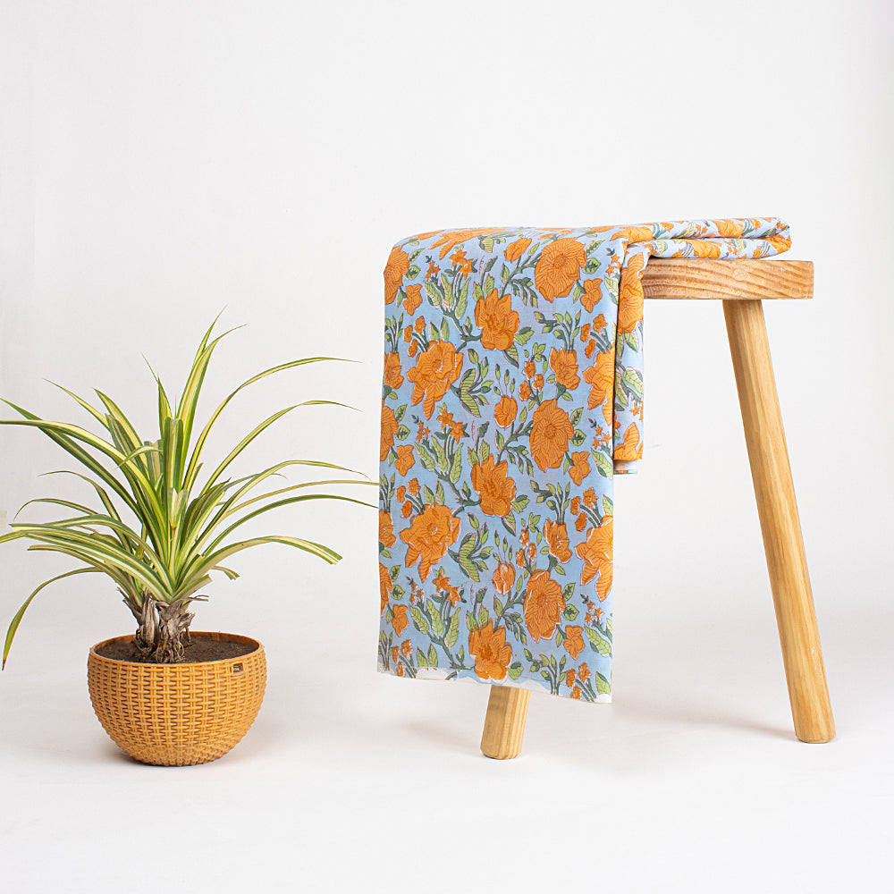 Orange Floral Hand Block Printed Cotton Fabric