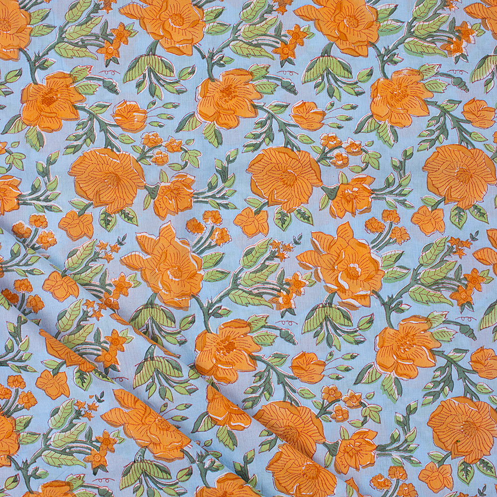 Orange Floral Hand Block Printed Cotton Fabric