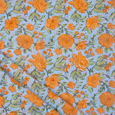 Orange Floral Hand Block Printed Cotton Fabric