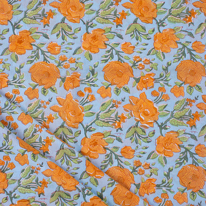 Orange Floral Hand Block Printed Cotton Fabric