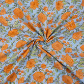 Orange Floral Hand Block Printed Cotton Fabric
