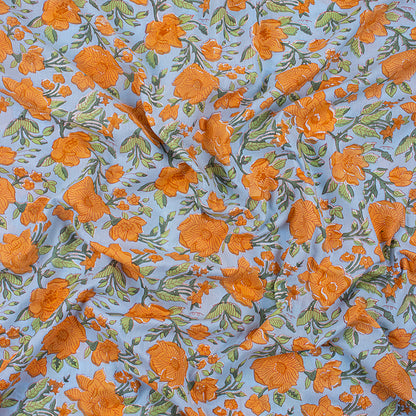 Orange Floral Hand Block Printed Cotton Fabric