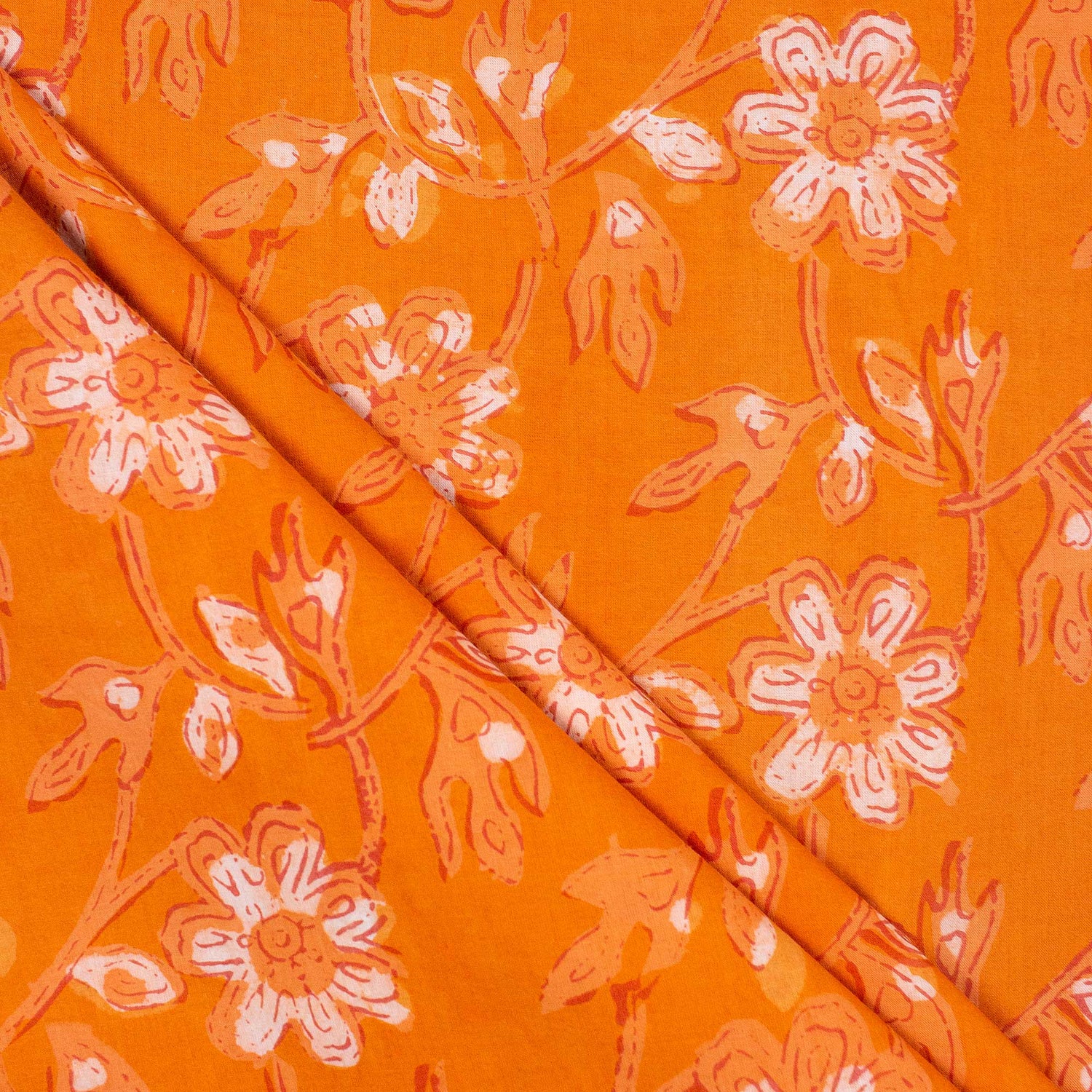 Orange Floral Hand Block Printed Dabu Fabric